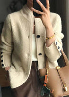 Ribbed cashmere stand collar button front cardigan in off white