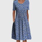 Elegant round neck layered printed dress in blue