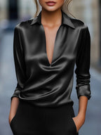 Draped neck long sleeve blouse in black