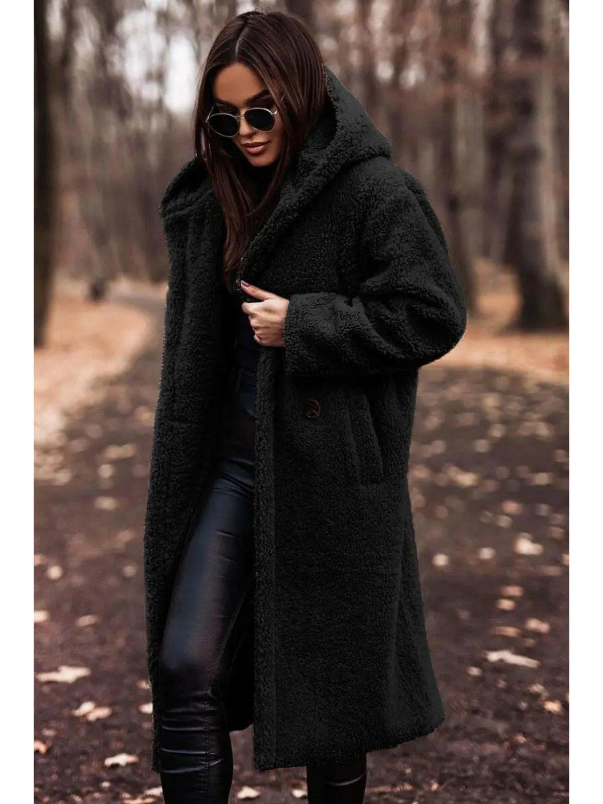 Women's hooded knee length winter coat in black