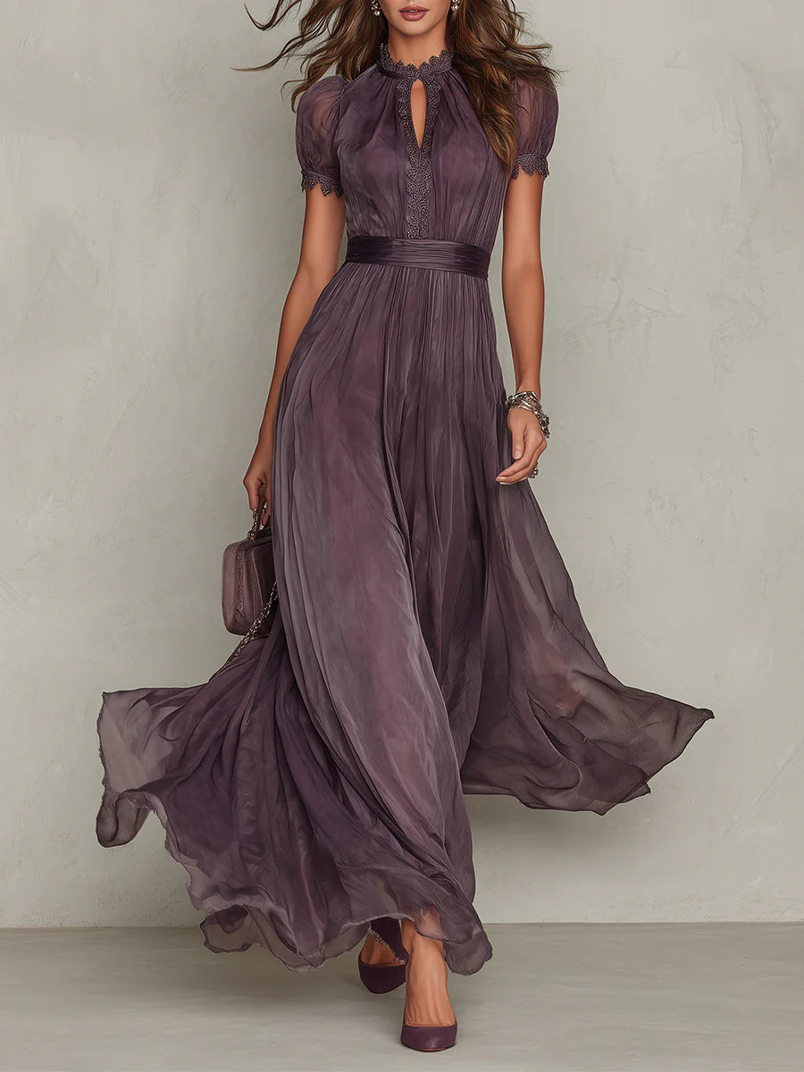 Women's elegant flowing pleated high neck maxi dress in plum