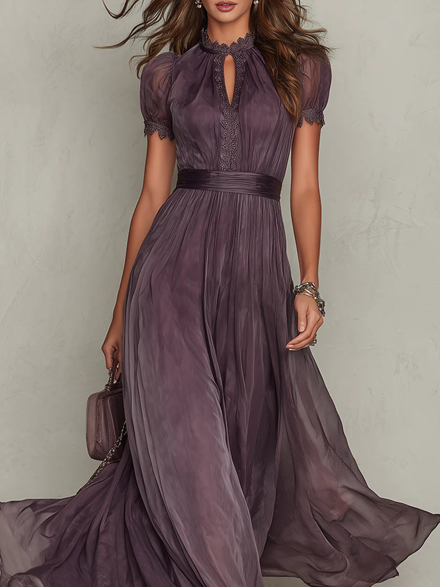 Women's elegant flowing pleated high neck maxi dress