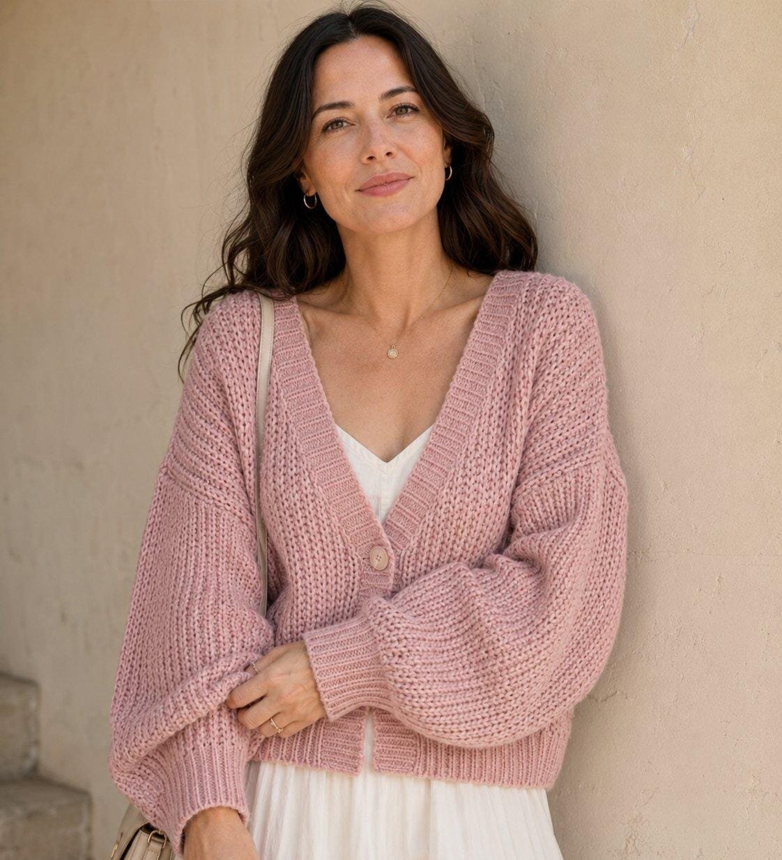 Cropped chunky knit cardigan sweater in pink