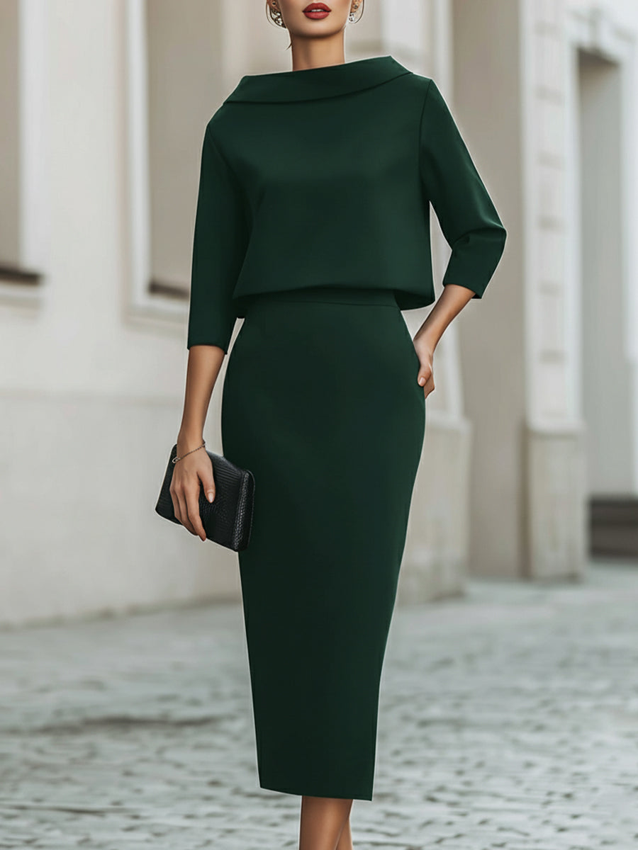 Boat Neck Top High-Waist Midi Skirt Set