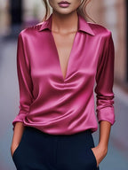 Draped neck long sleeve blouse in pink