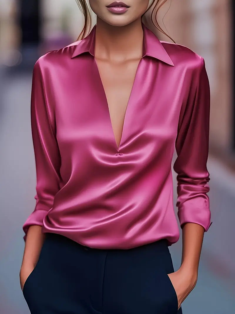 Draped neck long sleeve blouse in pink