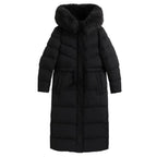 Warm longline puffer winter coat with faux fur hood