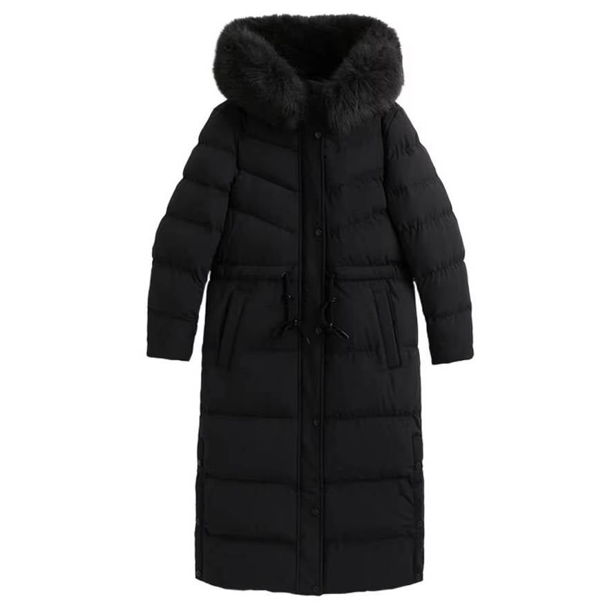 Warm longline puffer winter coat with faux fur hood