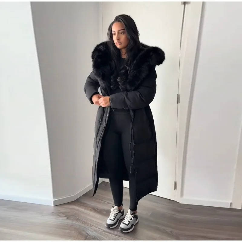 Warm longline puffer winter coat with faux fur hood in black