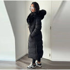 Warm longline puffer winter coat with faux fur hood