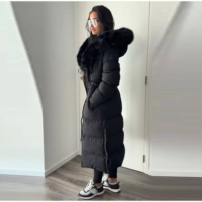 Warm longline puffer winter coat with faux fur hood