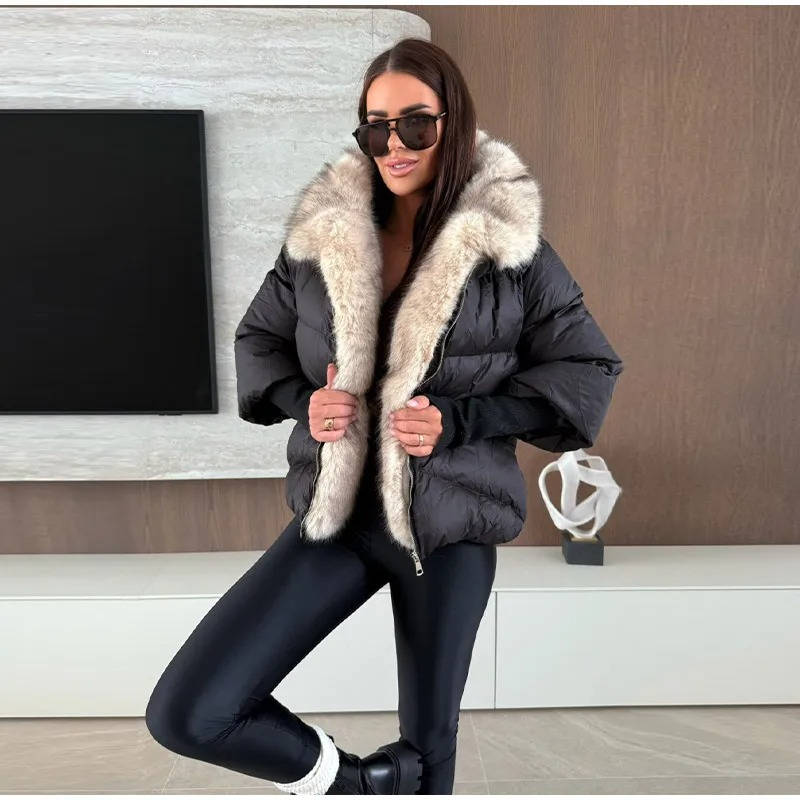 Warm longline puffer winter coat with faux fur hood in black
