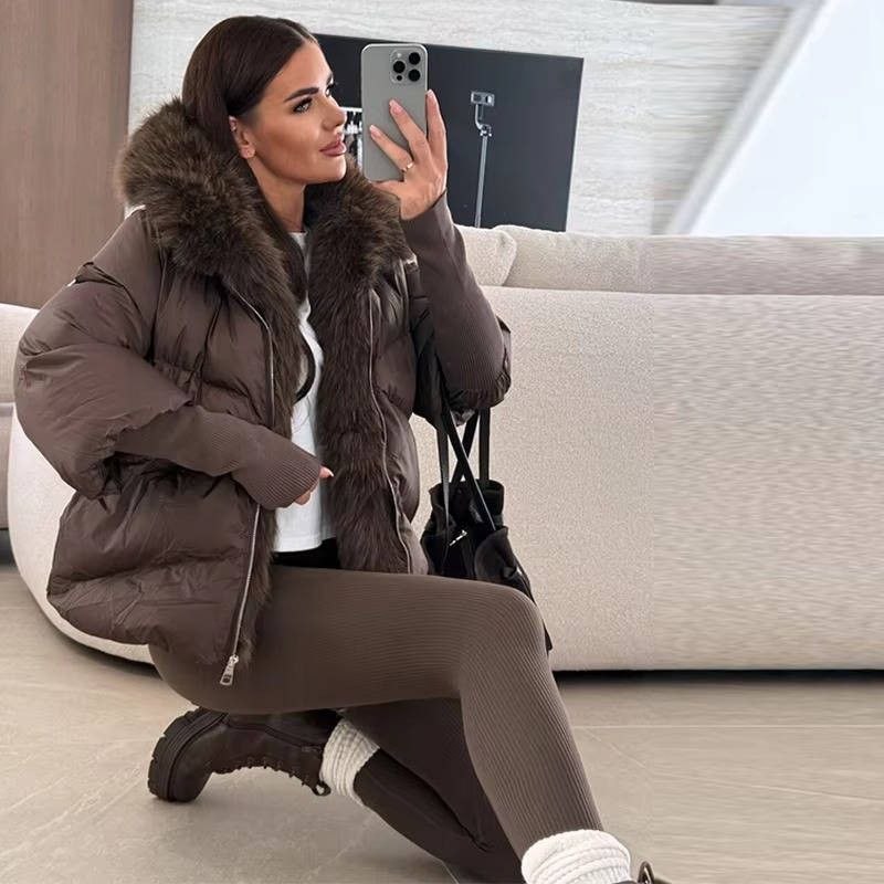 Warm longline puffer winter coat with faux fur hood