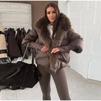 Warm longline puffer winter coat with faux fur hood in coffee