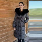 Warm longline puffer winter coat with faux fur hood in black