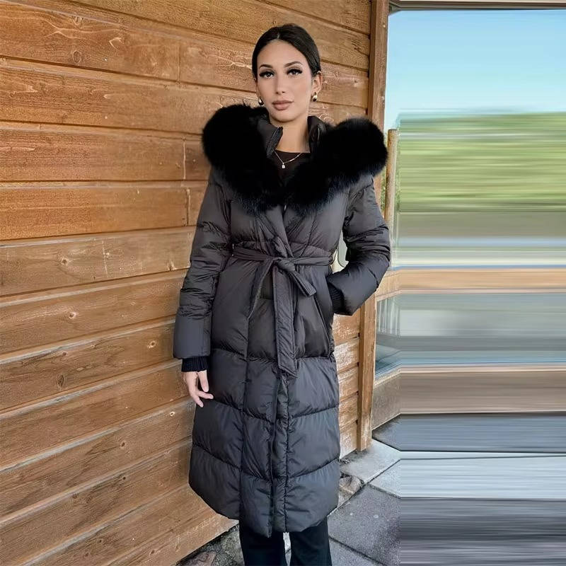 Warm longline puffer winter coat with faux fur hood in black