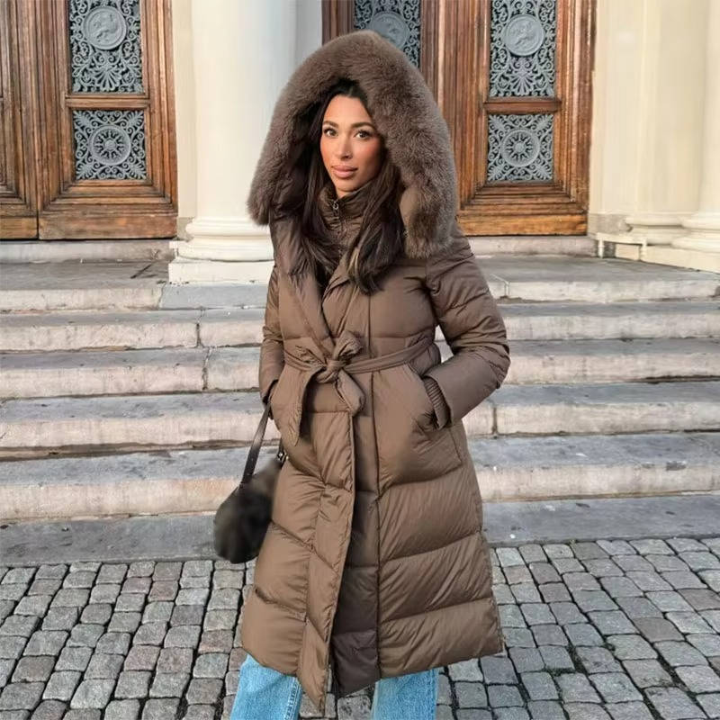 Warm longline puffer winter coat with faux fur hood in brown