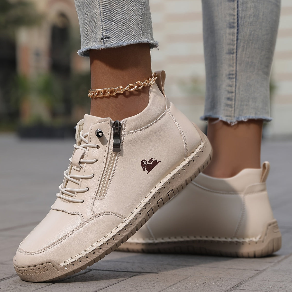 Women's arch support lace up ankle sneakers with wide toe box in ivory