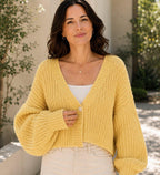 Cropped chunky knit cardigan sweater in yellow