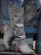 Women's elegant knee high buckle strap boots with side zip