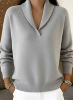 Shawl collar V-neck knit sweater in grey