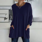Casual oversized long sleeve tunic top with pockets in navy blue