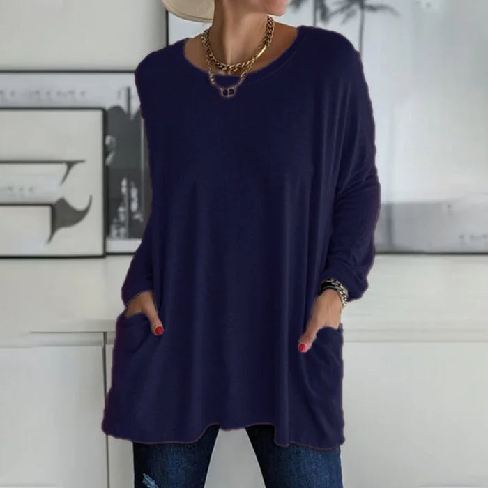 Casual oversized long sleeve tunic top with pockets in navy blue