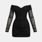Off Shoulder Glitter Mesh Mini Dress
