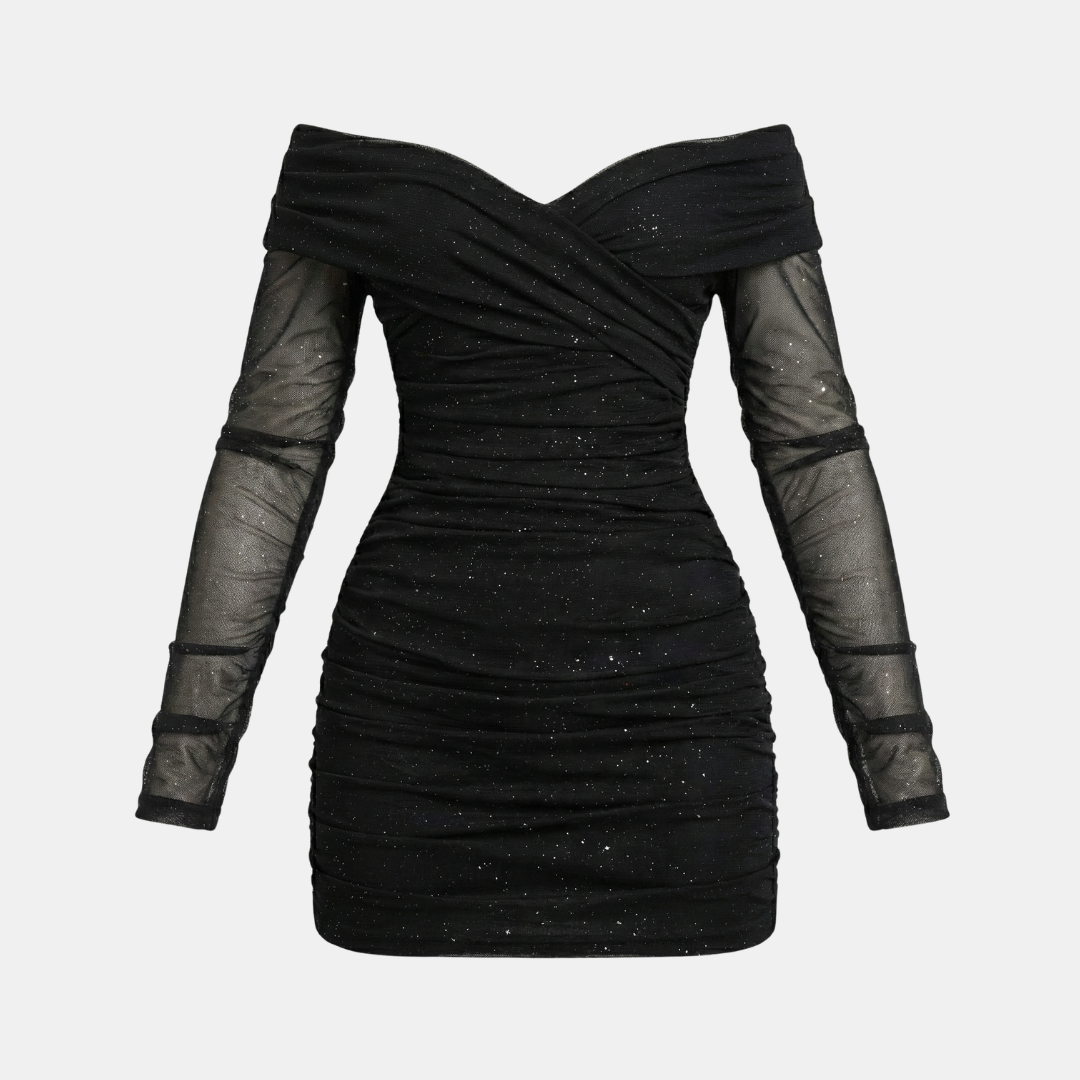 Off Shoulder Glitter Mesh Mini Dress