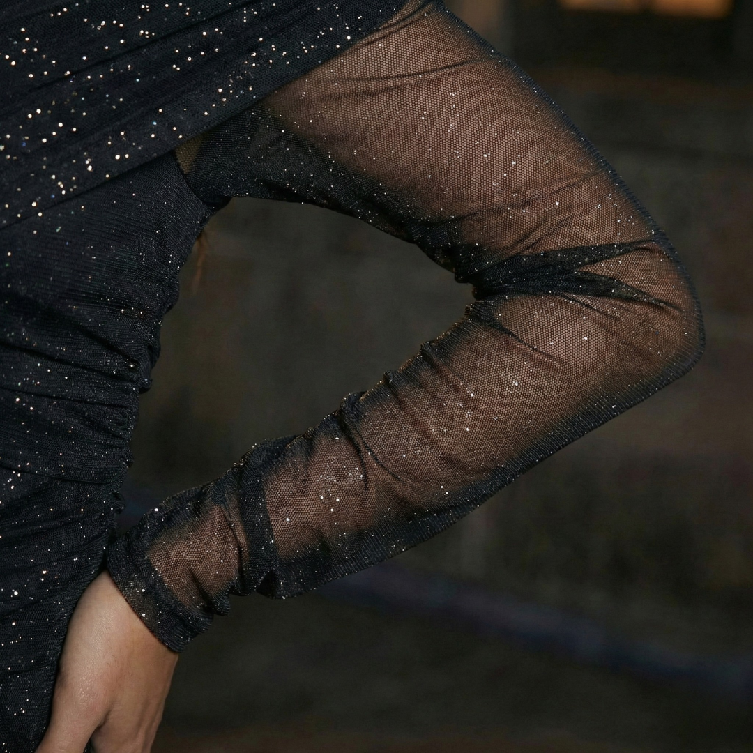 Off Shoulder Glitter Mesh Mini Dress
