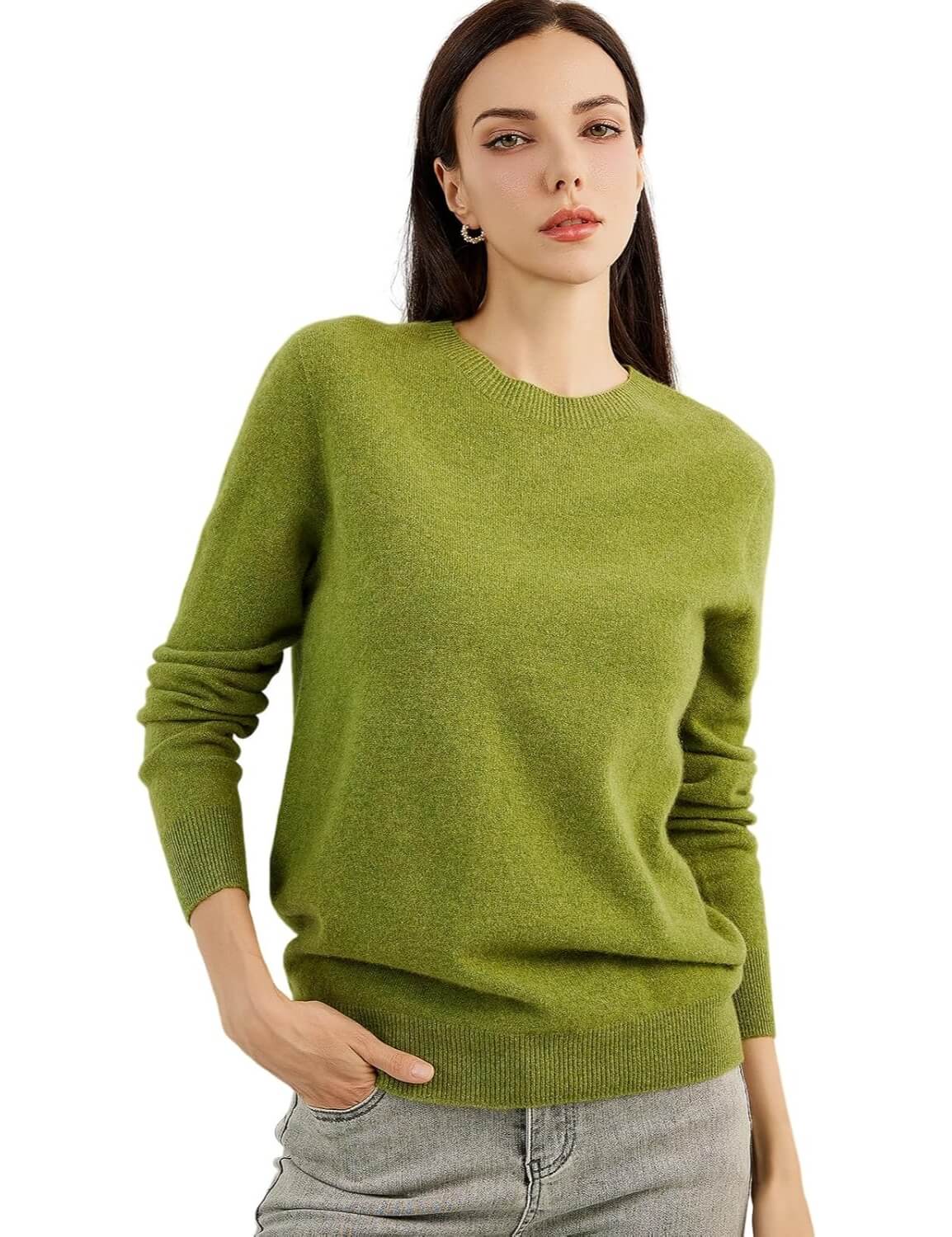 Women's luxe cashmere crew neck sweater in grass green