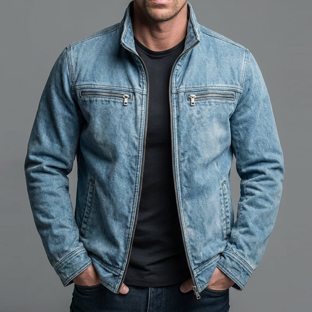 Men's vintage style washed cotton zip up jacket in blue
