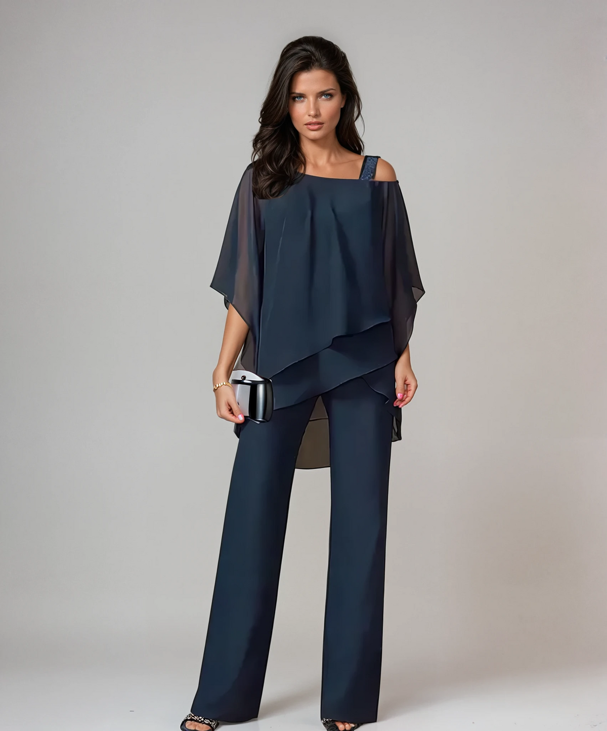 Two-piece layered top and wide-leg pants set in navy blue