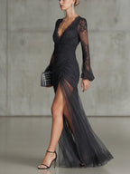 Women's Wedding Guest Lace Maxi Dress with Long Sleeves