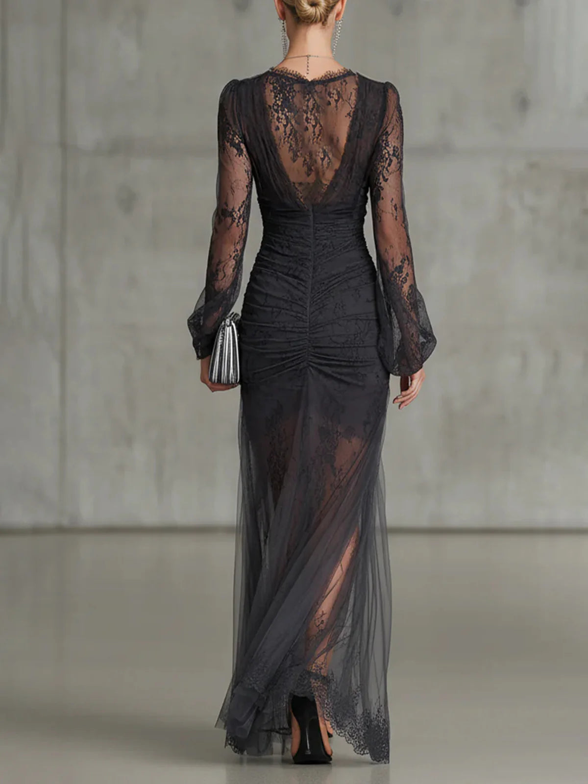 Women's Wedding Guest Lace Maxi Dress with Long Sleeves