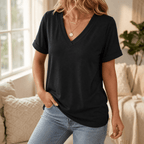 Casual V neck tee with rolled cuffs in black