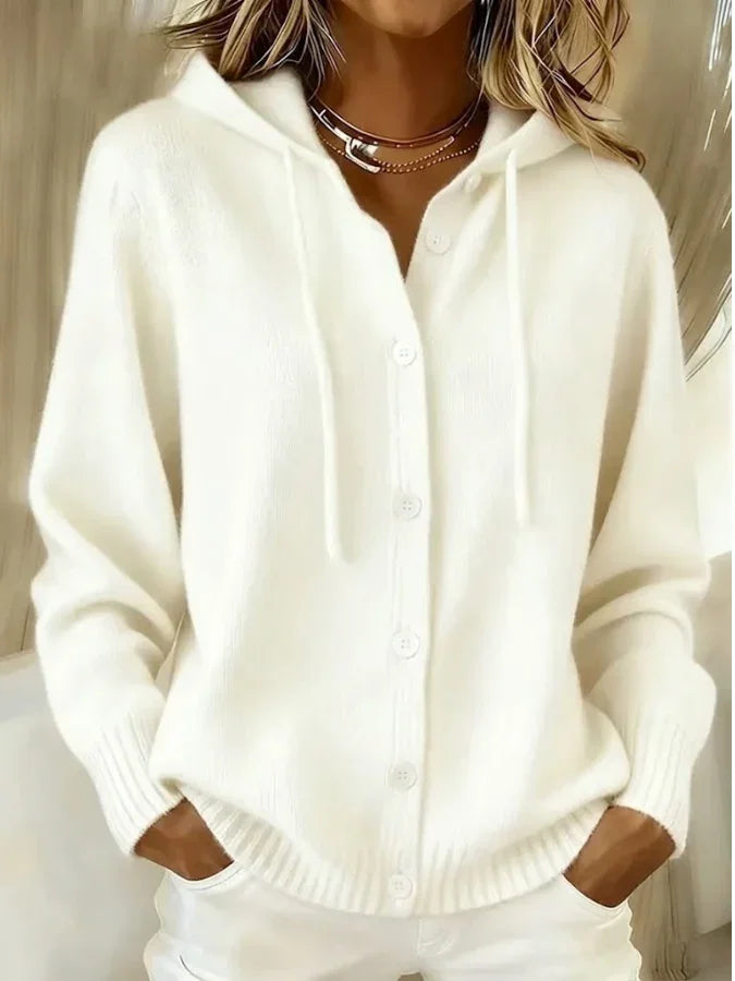 Hooded long sleeve knit cardigan with drawstring in white