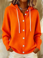 Hooded long sleeve knit cardigan with drawstring in orange