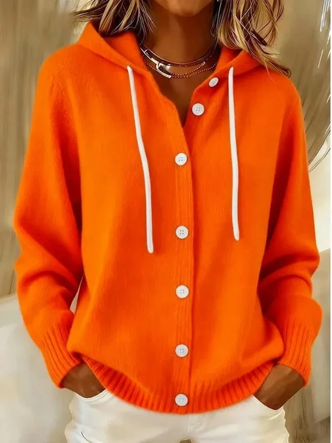 Hooded long sleeve knit cardigan with drawstring in orange