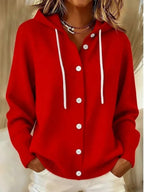Hooded long sleeve knit cardigan with drawstring in red