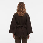 Belted cape coat with stand collar and batwing sleeves