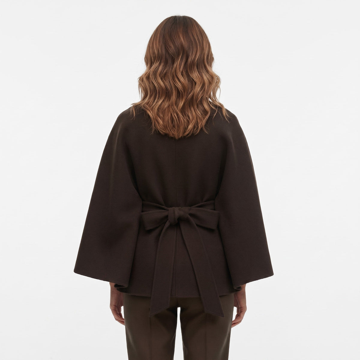 Belted cape coat with stand collar and batwing sleeves