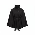Belted cape coat with stand collar and batwing sleeves in black