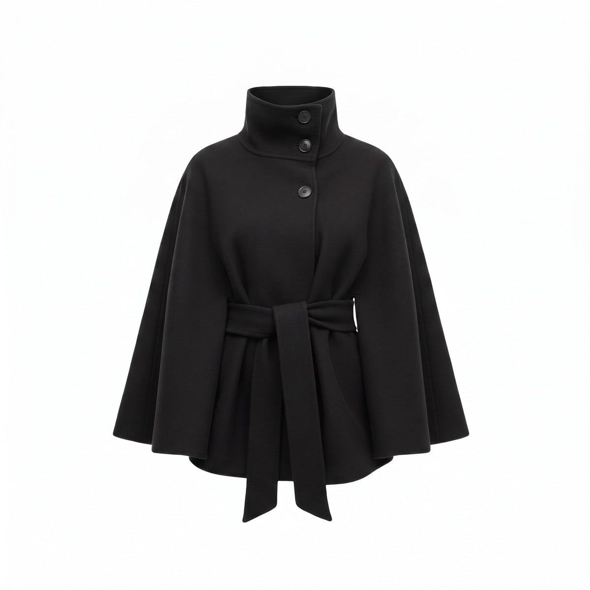 Belted cape coat with stand collar and batwing sleeves in black