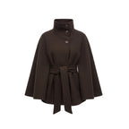 Belted cape coat with stand collar and batwing sleeves in brown