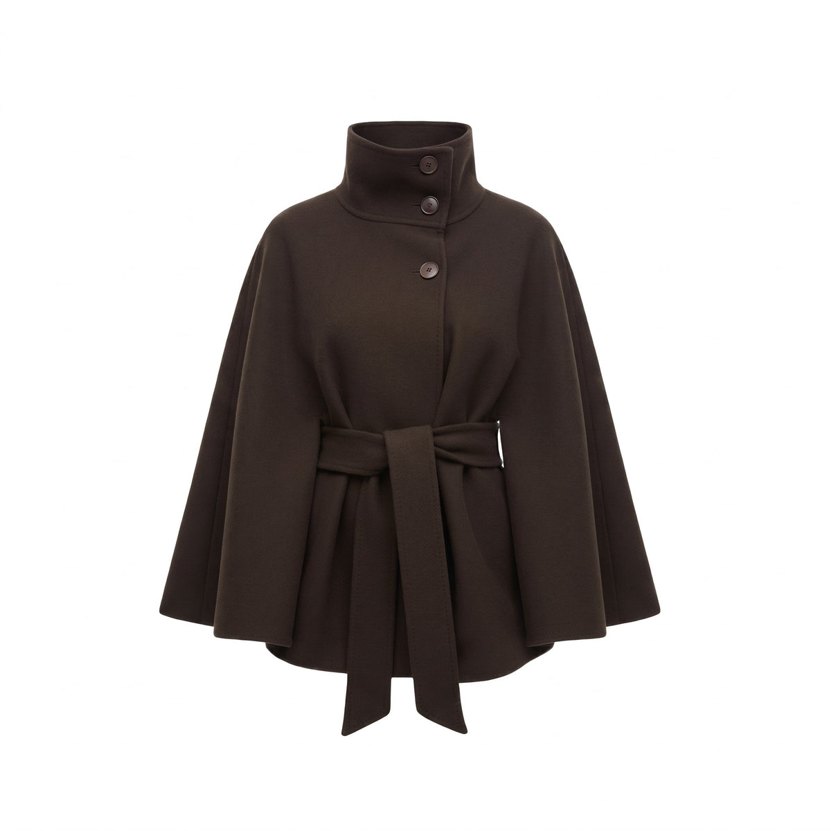 Belted cape coat with stand collar and batwing sleeves in brown