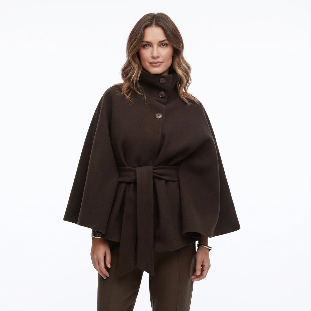 Belted cape coat with stand collar and batwing sleeves