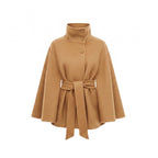 Belted cape coat with stand collar and batwing sleeves in khaki