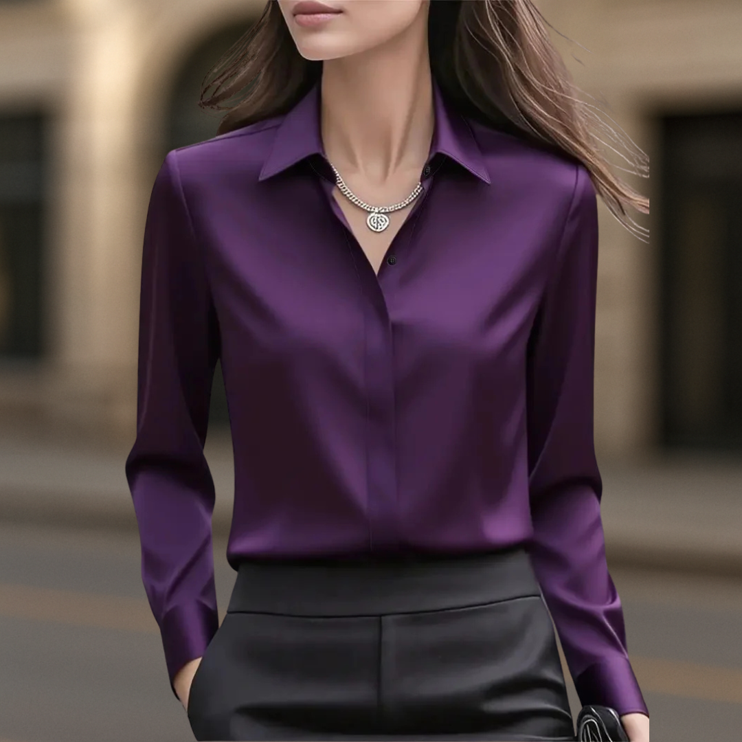 Women's collared satin button front blouse in plum
