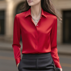Women's long sleeve collared button front satin blouse in red